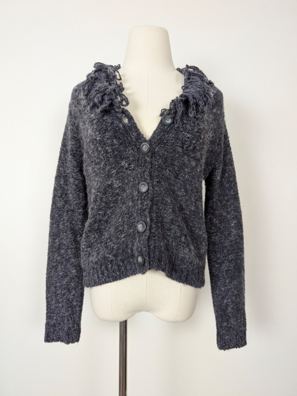 90's Grey Knit Cardigan Fringe Size Small Long Sleeve - Picture 5 of 11